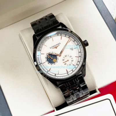 High Quality Replica Longines White Face Black Case Moonphase Watch 40mm